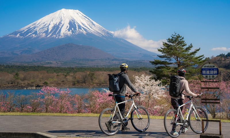 Cycling tourists looking at mt. Fuji during spring season at Lake Shojiko, Yamanashi, Fujikawaguchiko, Japan