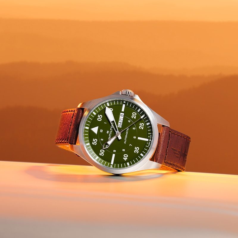Hamilton Khaki Aviation Pilot Day Date watch sunset