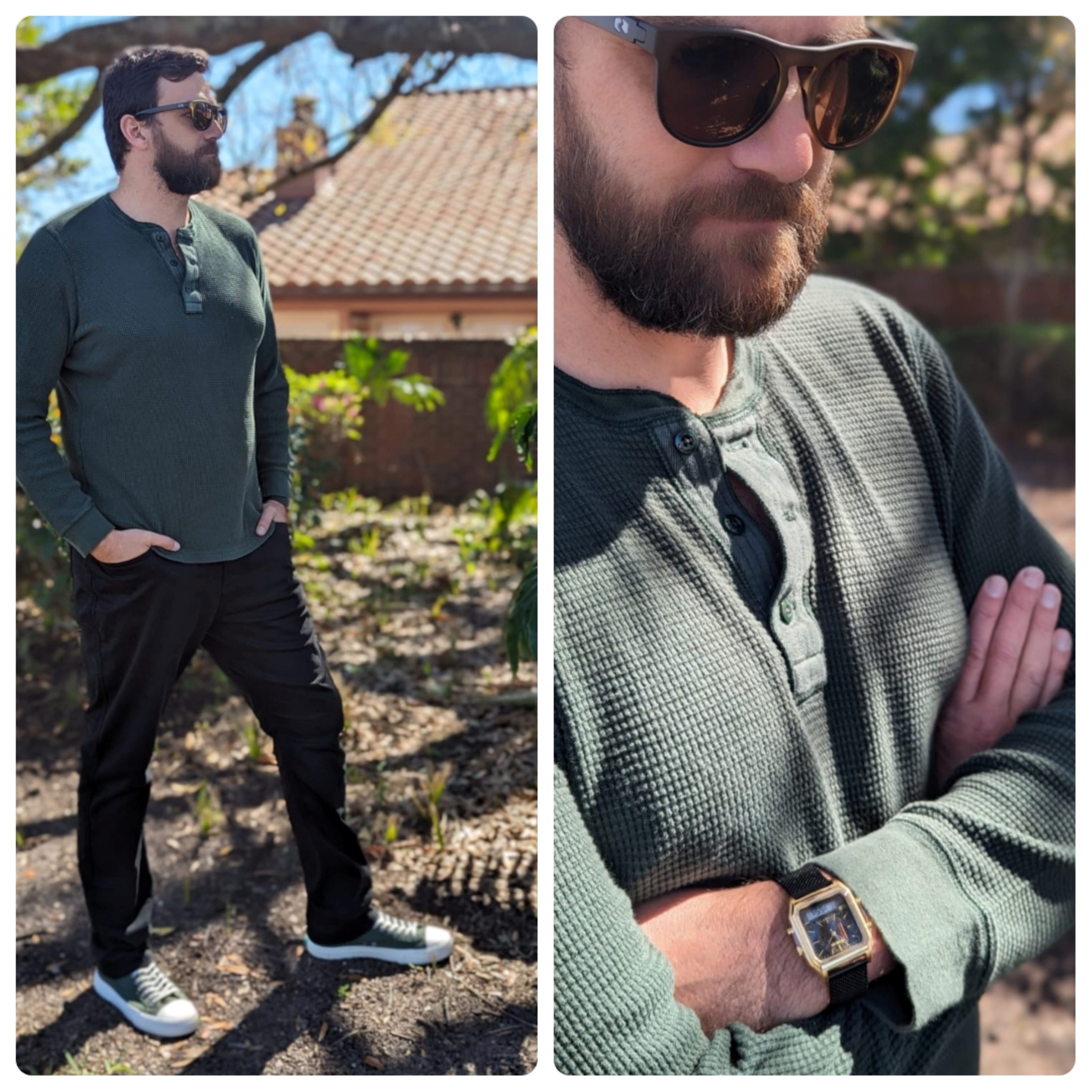 Man in green henley and PF Flyers