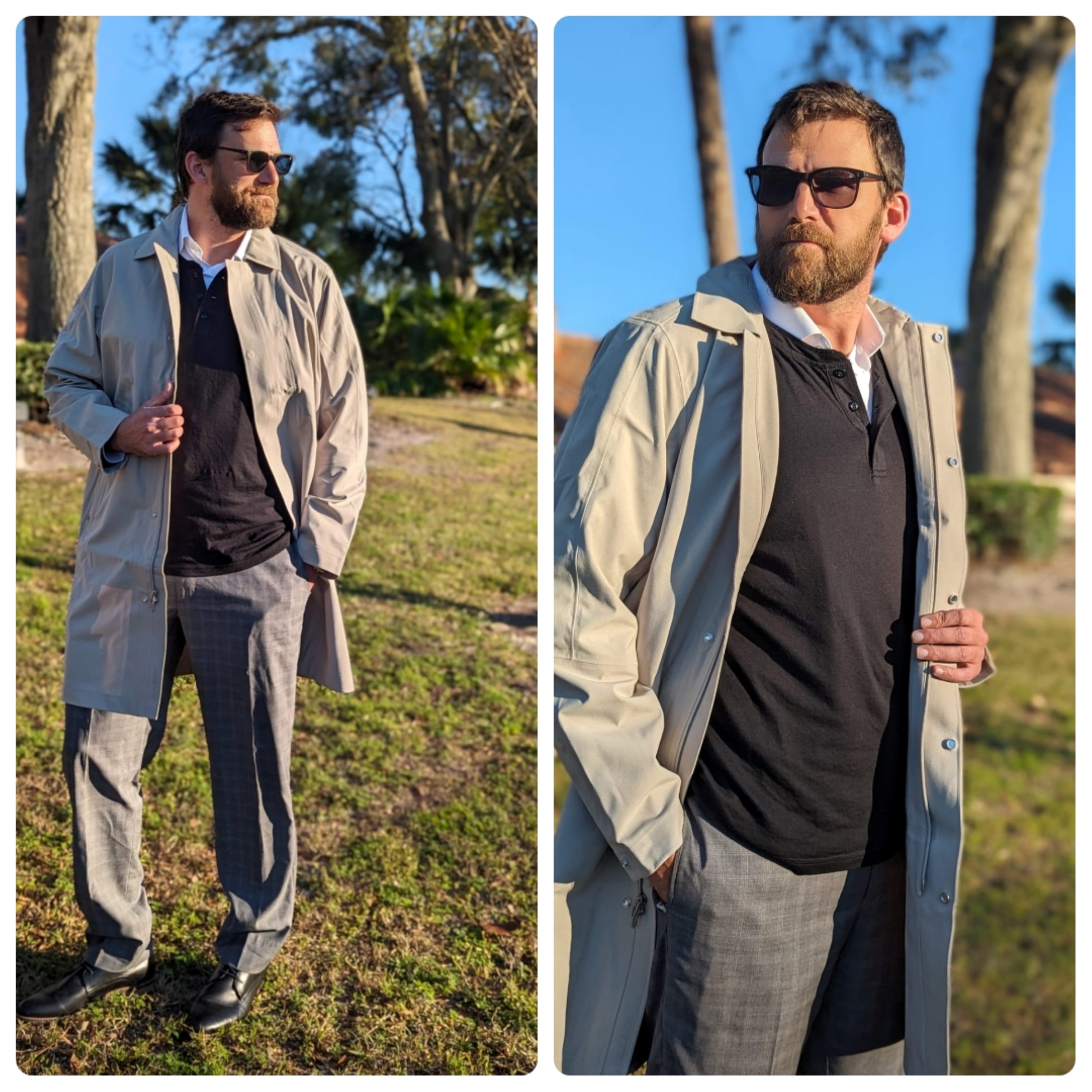 Man in long coat and black henley