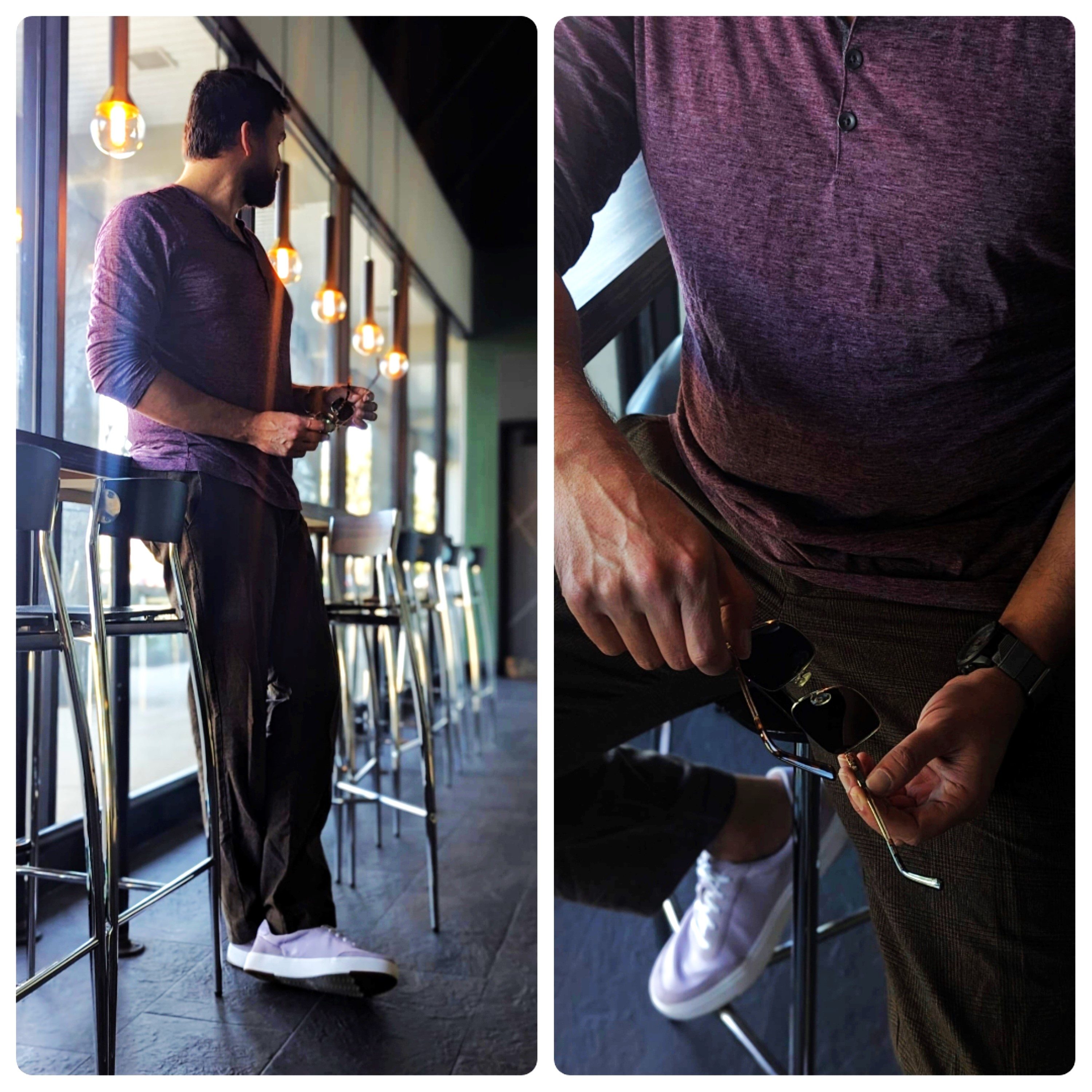 Man in purple henley and chinos