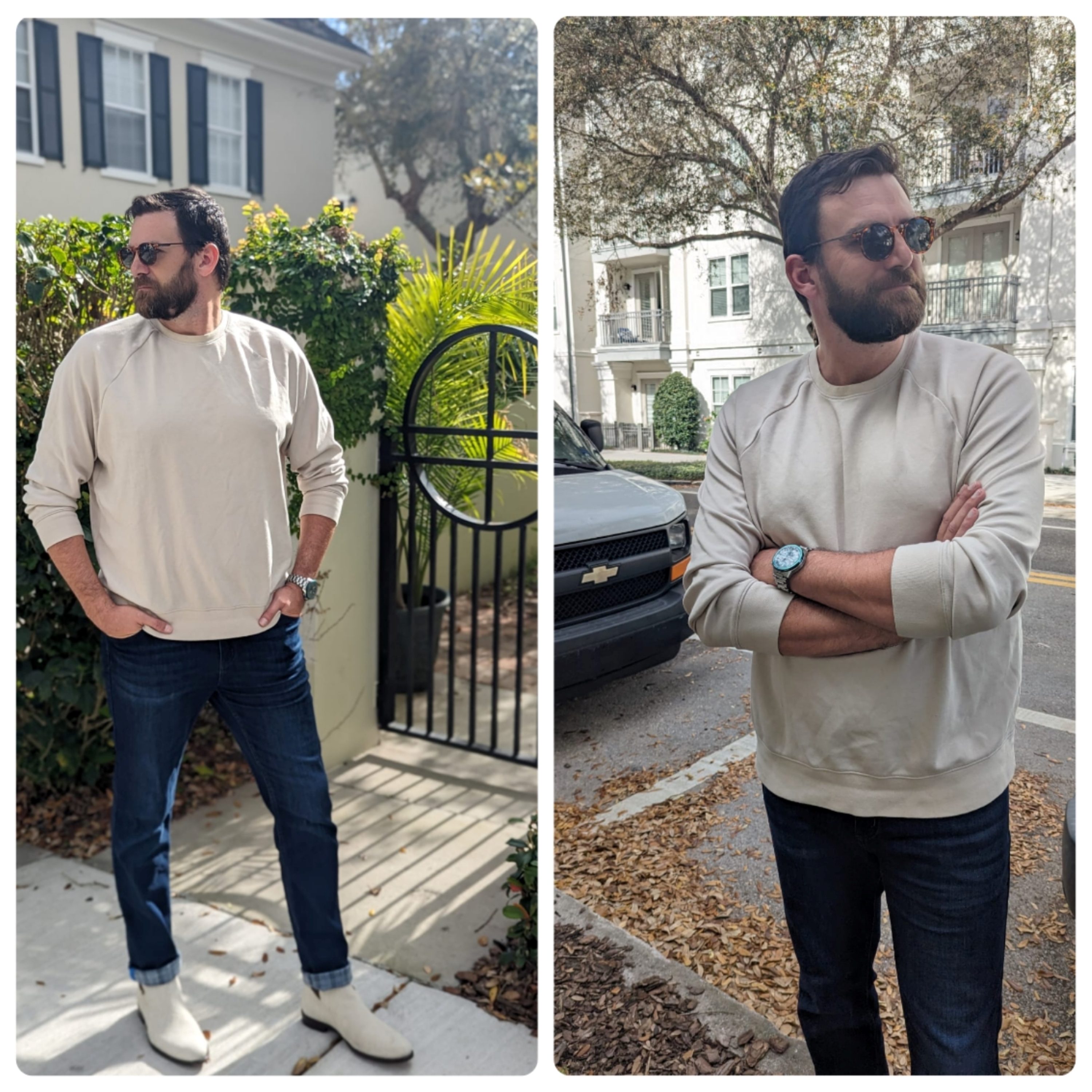 Man in white sweatshirt, jeans, and boots
