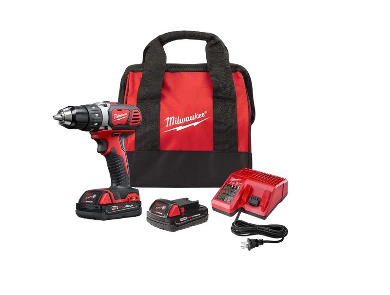 The Milwaukee M18 drill driver kit with battery and charger.