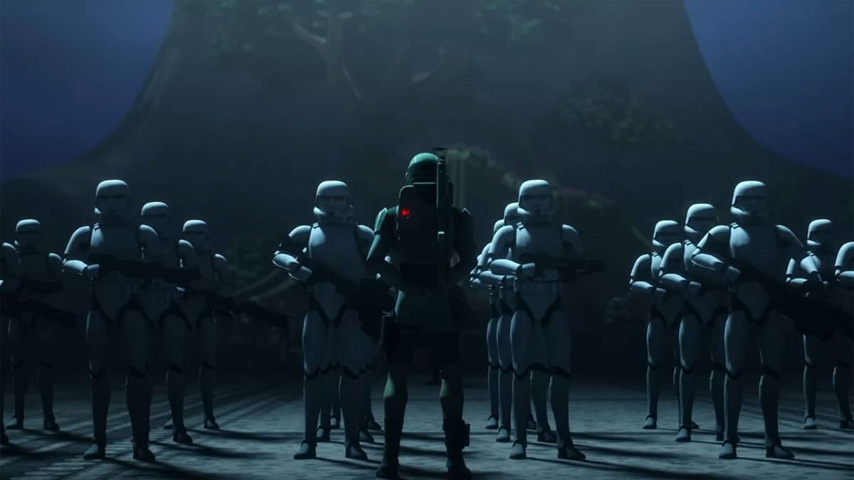 Dr. Hemlock reviews his stormtroopers squad in The Bad Batch season 3.