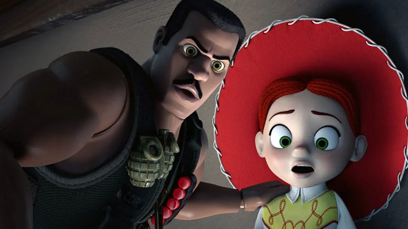 Combat Carl and Jessie look on in horror in Toy Story of Terror.