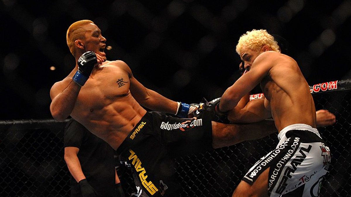 Two UFC fighters square off during Fight Night at Fort Bragg.