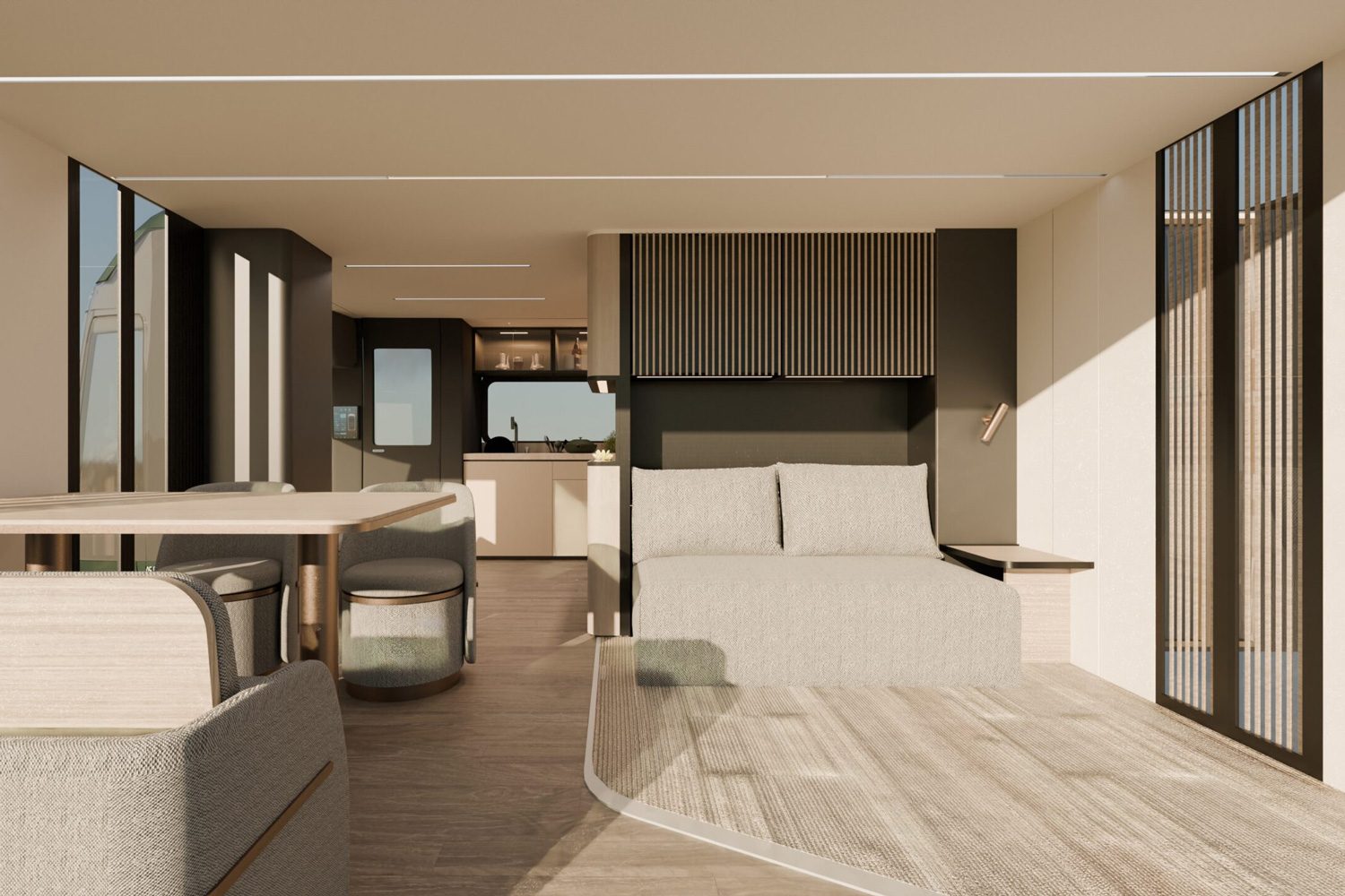 Ultra-modern interior concept of the AC Future eTH RV expandable camper.