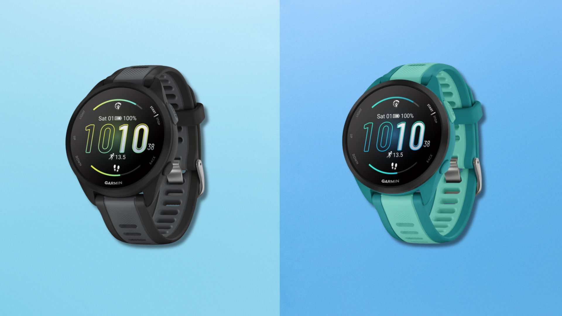 garmin forerunner 165 series against a blue background