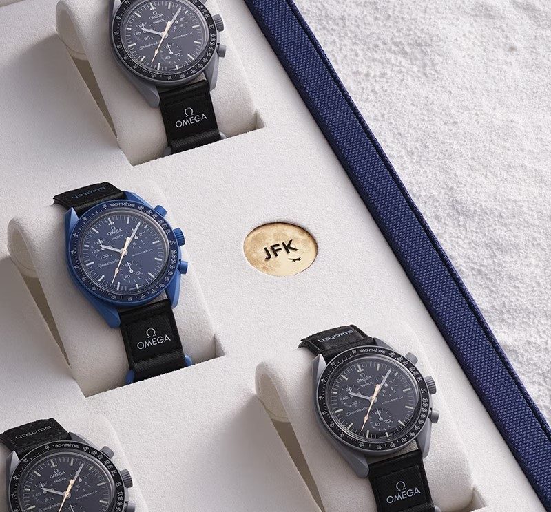 A view of the inside of a case of MoonSwatch watches.