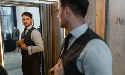 A man in a suit looking in a mirror