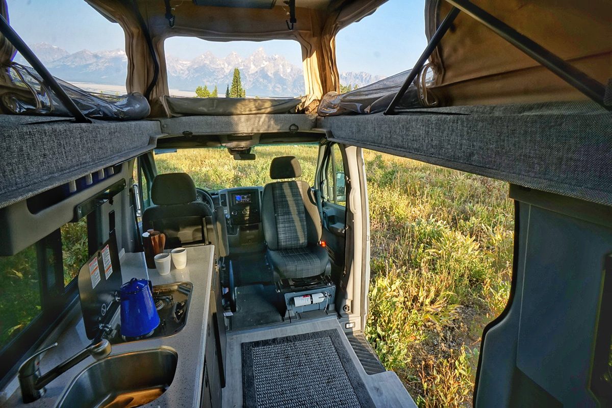 Interior of a Moterra Campervans pop-top rental van.