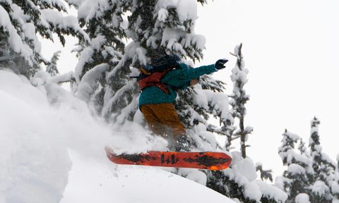 Snowboarder jumping through powder glades