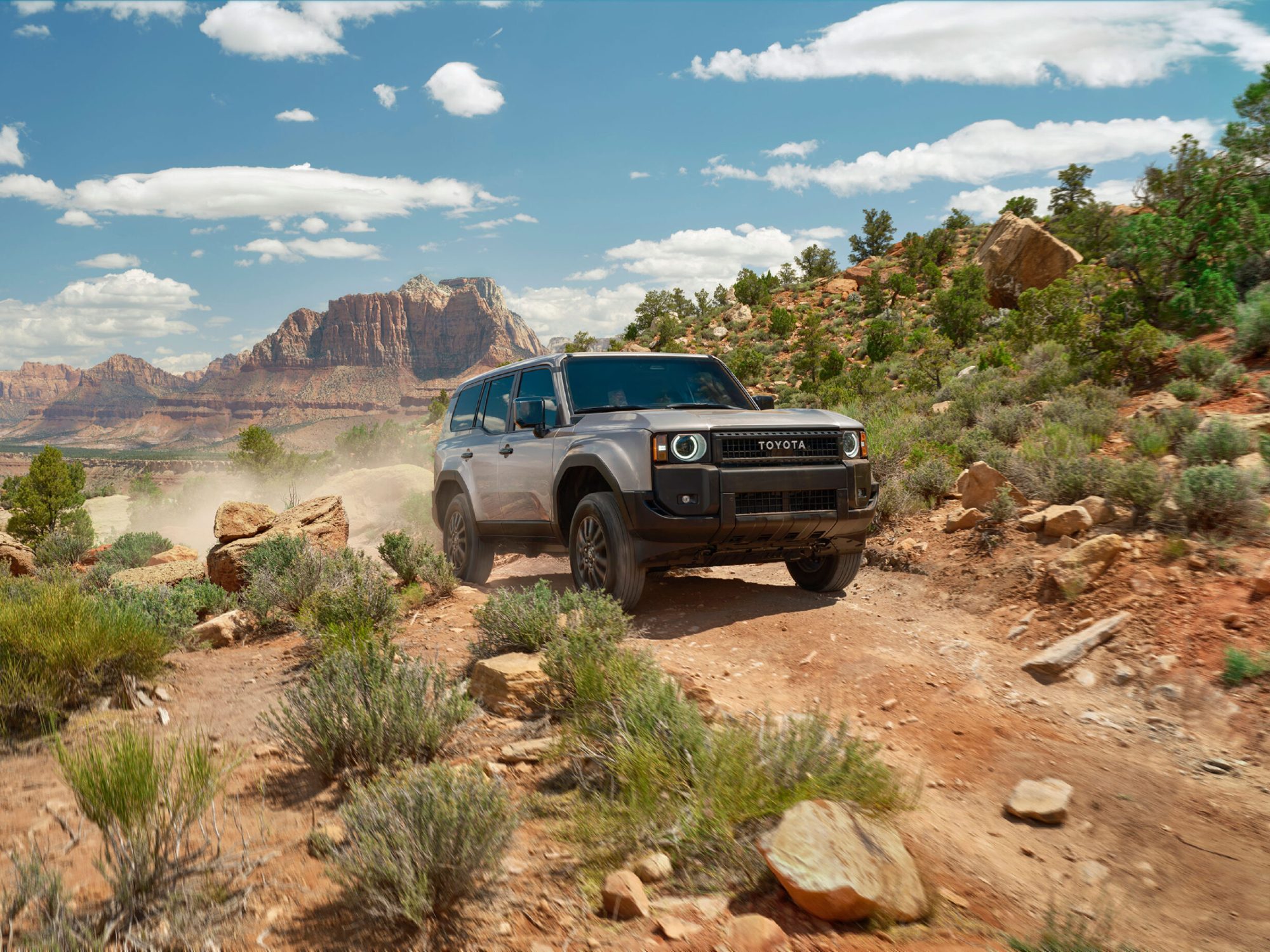 A light beige 2024 Toyota Land Cruiser driving on a desert dirt road with vegetation on both sides.