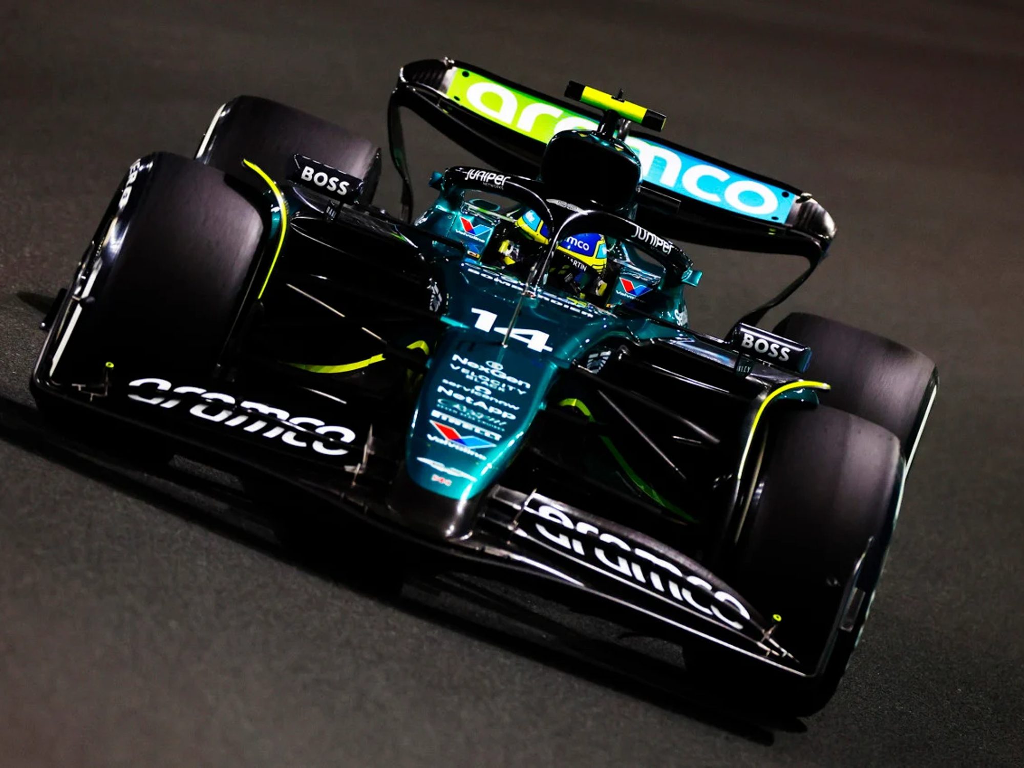 Aston Martin Formula 1 race car driving directly toward the camera.