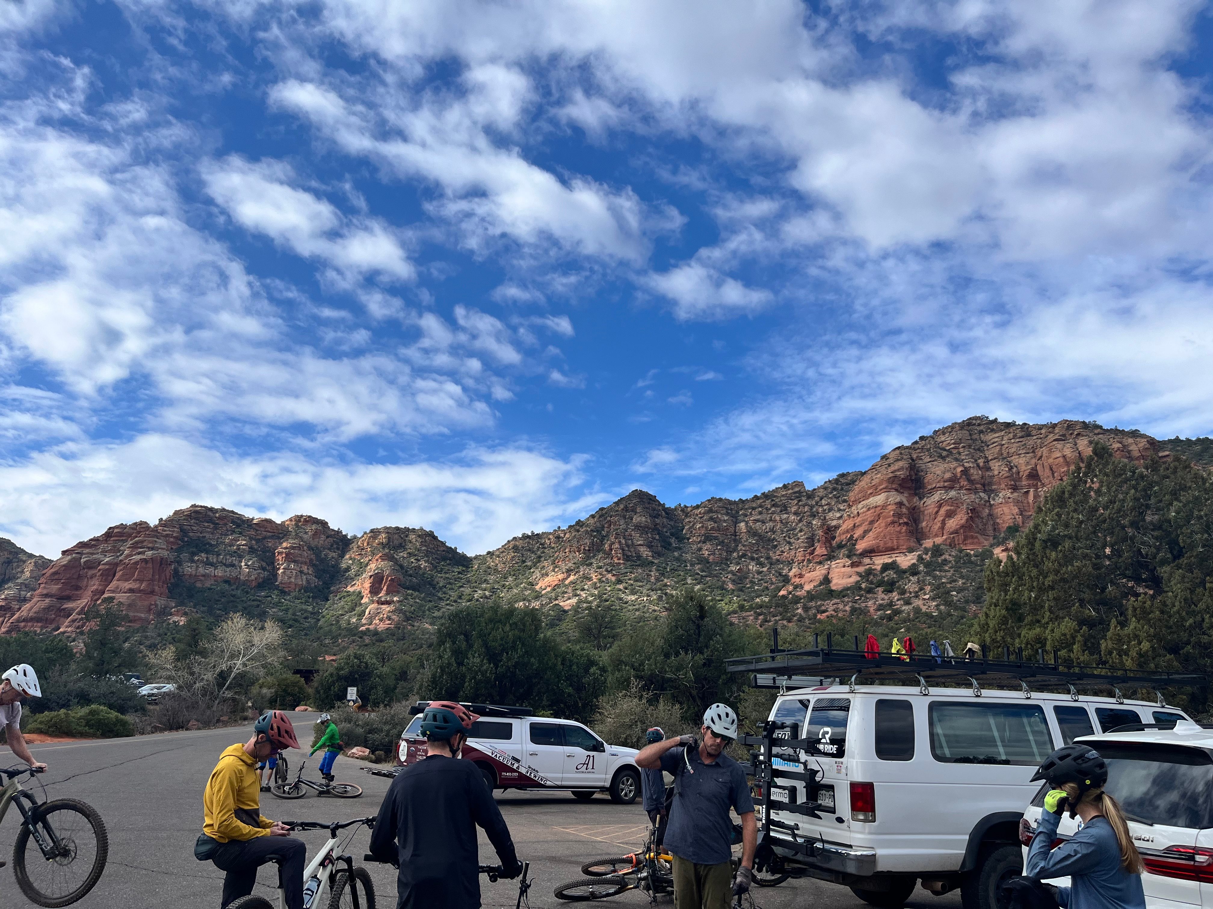 A group gets ready to go mountain biking in Sedona Arizona