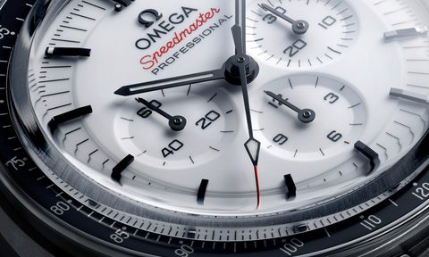 Omega Speedmaster Moonwatch white dial close up
