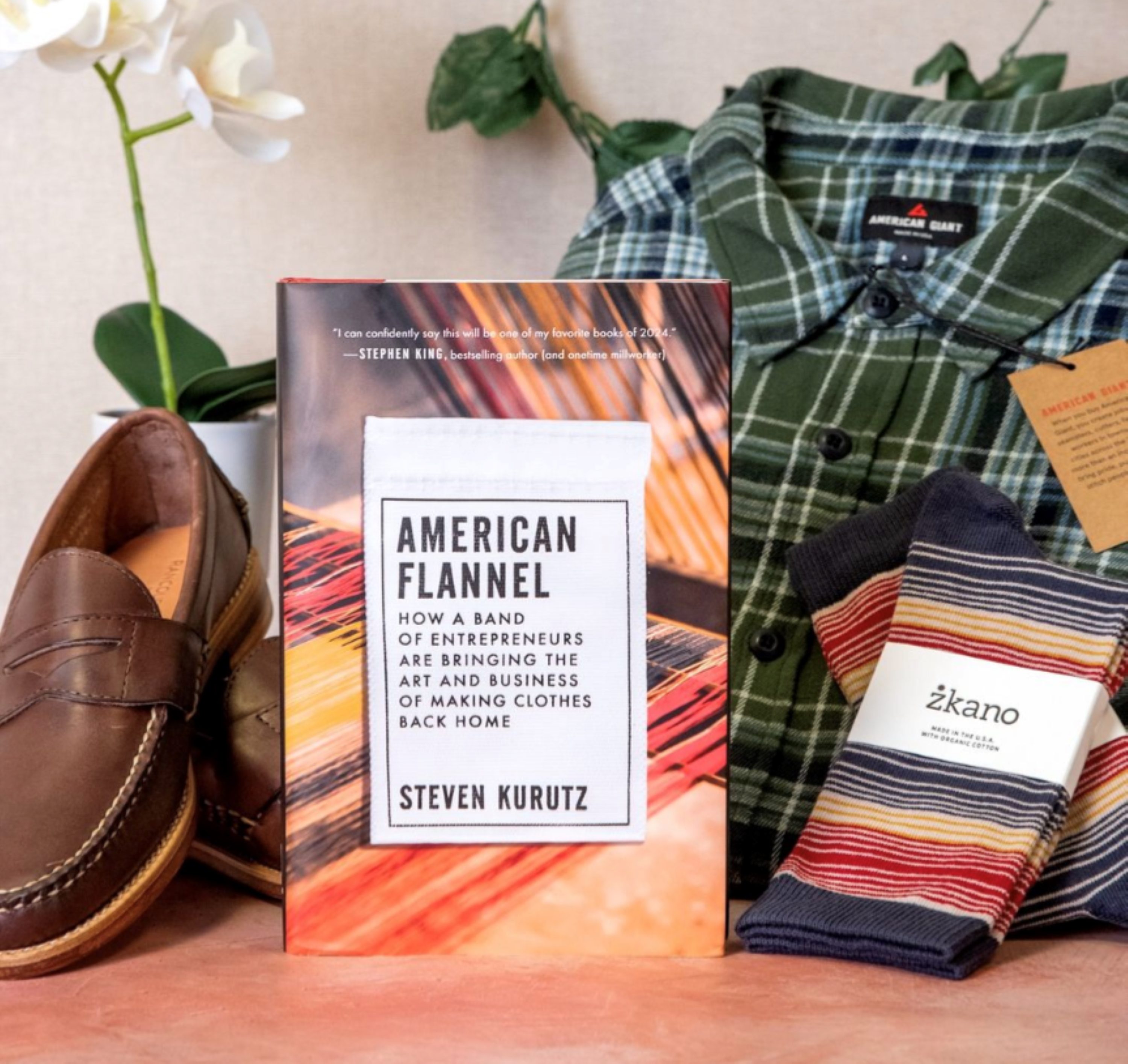 Riverhead Books photo of American Made and a flannel