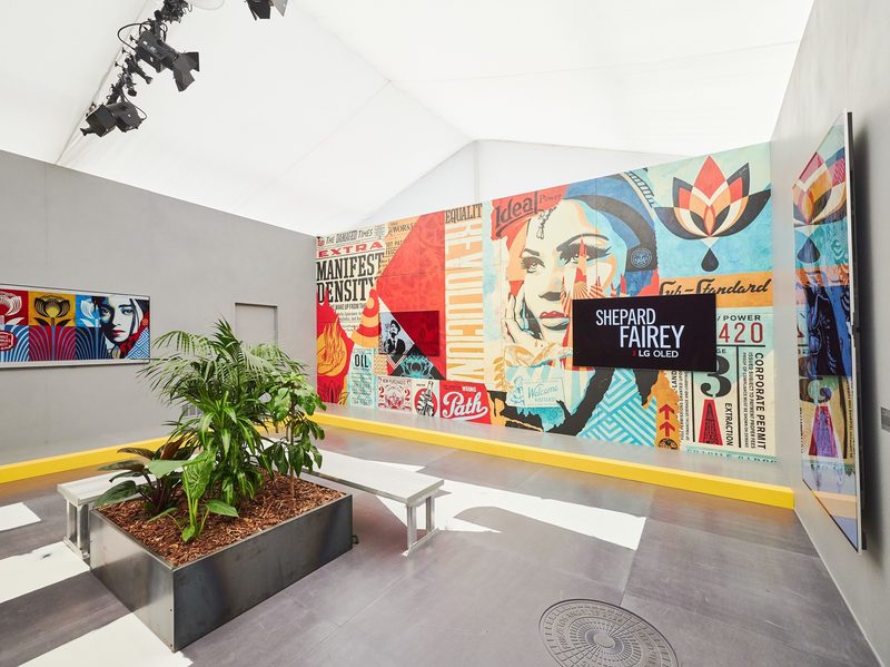 Shepard Fairey X LG OLED Art at Frieze LA 2024 on display via smart TVs.