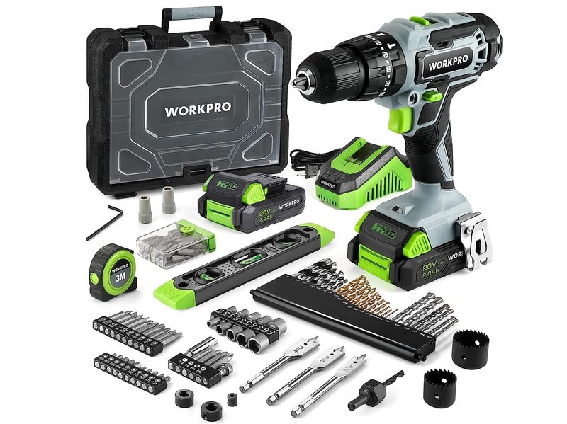 The Workpro 20V drill driver kit with its 120 pieces shown.