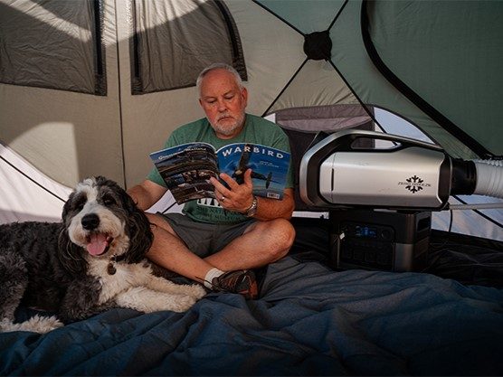 Zero Breeze Mark 2 real off-grid AC in use in tent