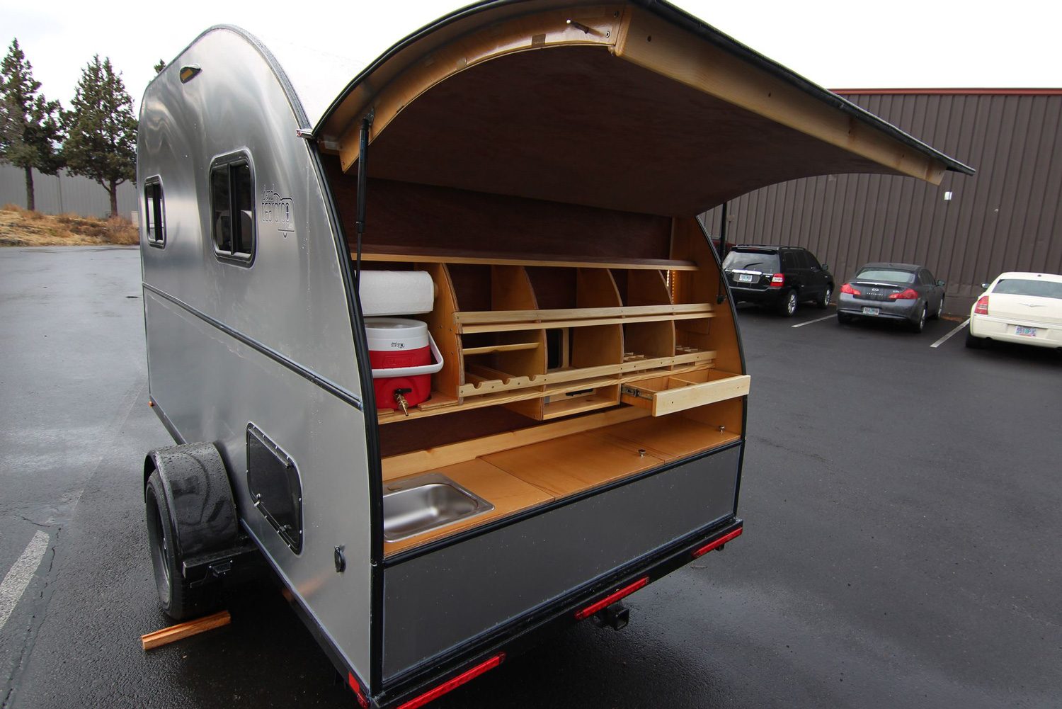 Outdoor tailgate kitchen of Bend Teardrop's Tall Boy travel trailer.