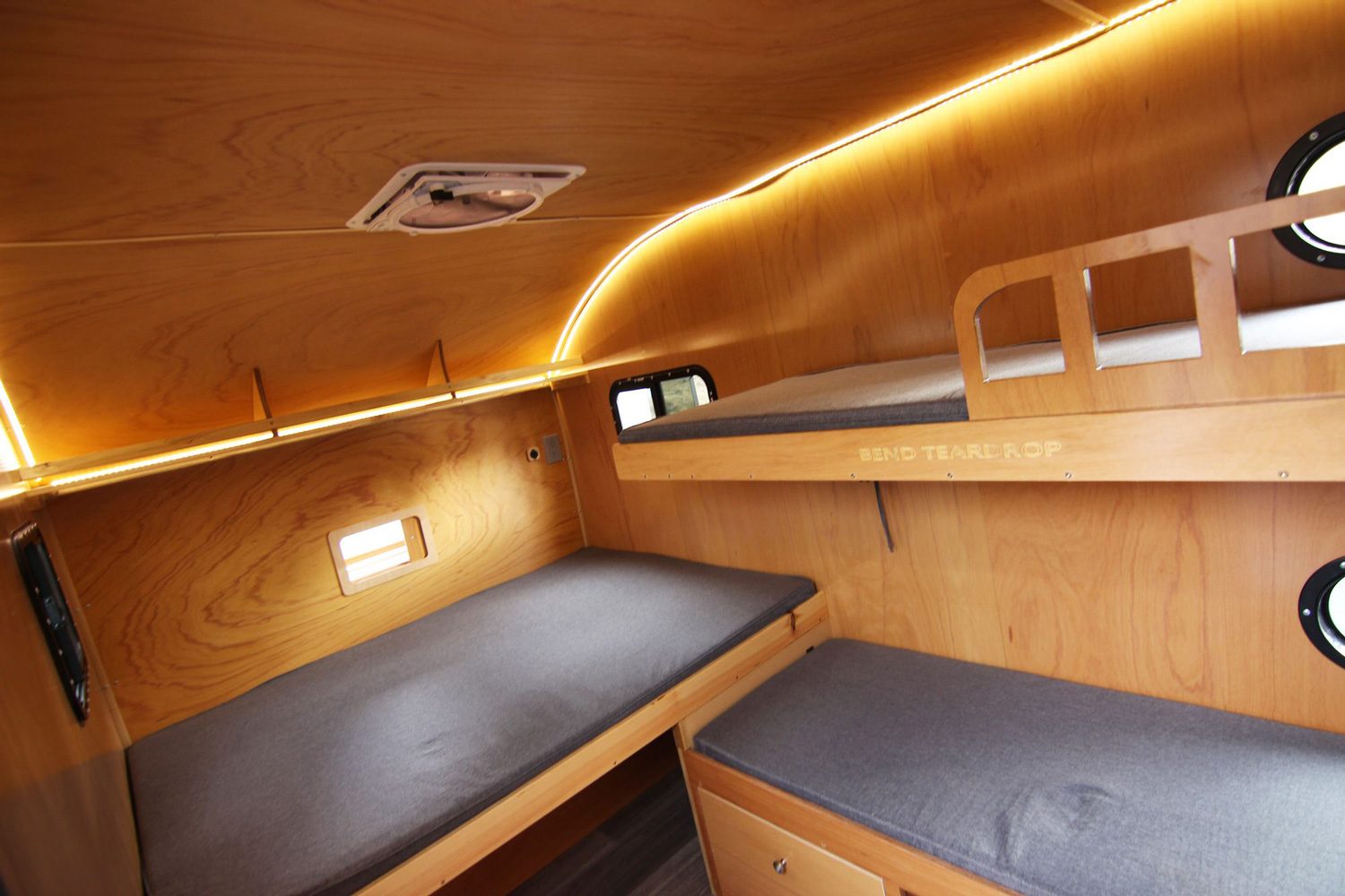 Interior of Bend Teardrop's Tall Boy teardrop travel trailer.