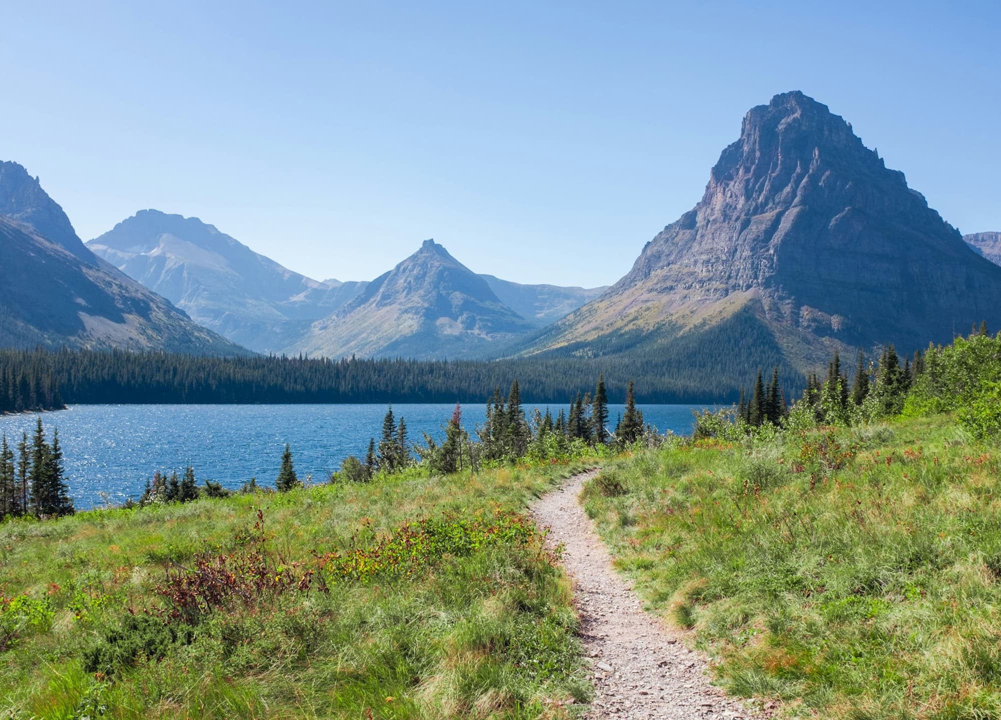 a trail heading to a lake