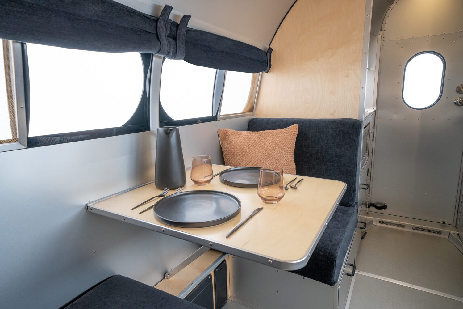 Dinette of the Bowlus Rivet travel trailer.