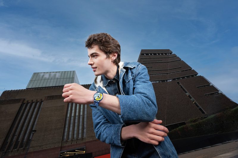 Swatch x Tate collaboration watch on model