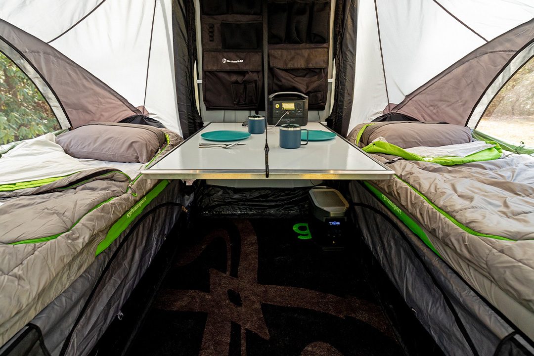 Pop-up camper setup of SylvanSport's GO All-Terrain Overlanding Camper Trailer.