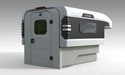 Rear corner view of the Tufport Overlander truck camper concept.