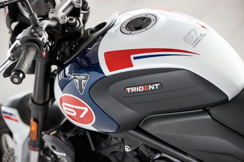 2024 Triumph Trident 660 Special Edition showing the gas tank and cockpit with 67 Tribute graphics.