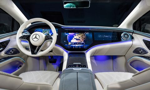 2025 Mercedes-Benz EQS in Obsidian Black view from center of back set forward showing the entire front seats and dashboard.