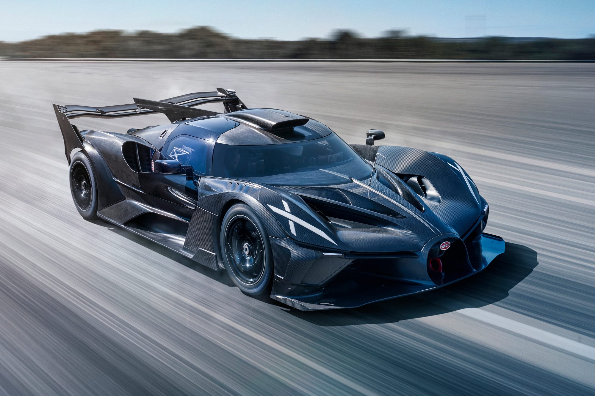 BUGATTI Bolide High Speed and Launch Control front right three quarter view of the car during a high speed run.
