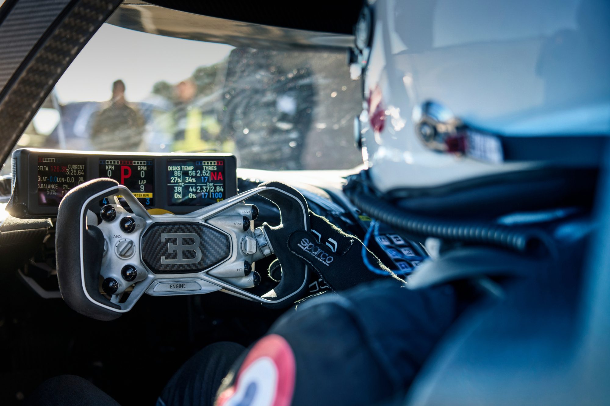 BUGATTI Bolide High Speed and Launch Control view of the cockpit from over the driver's left shoulder.