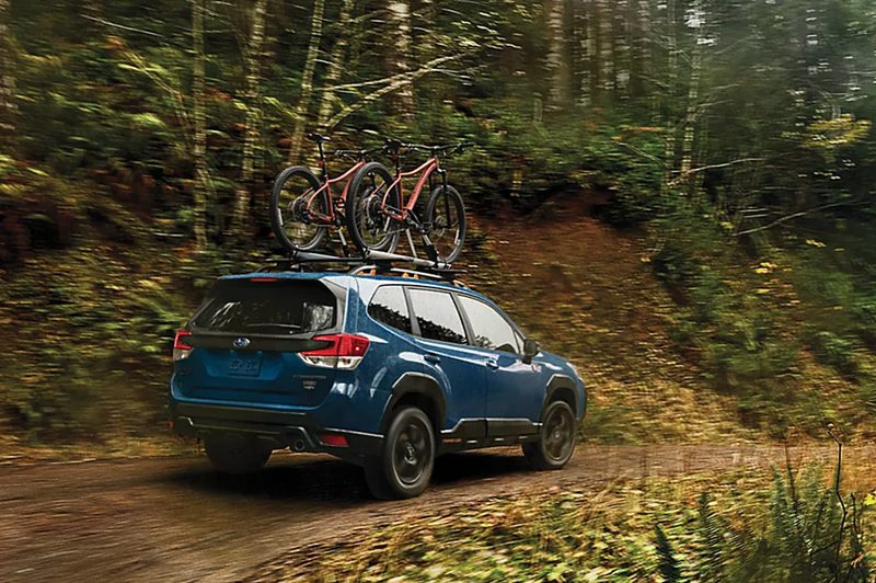 Blue 2025 Subaru Forester Wilderness with bikes on a roof rack traveling on a dirt road in a wilderness area with trees and flowers.