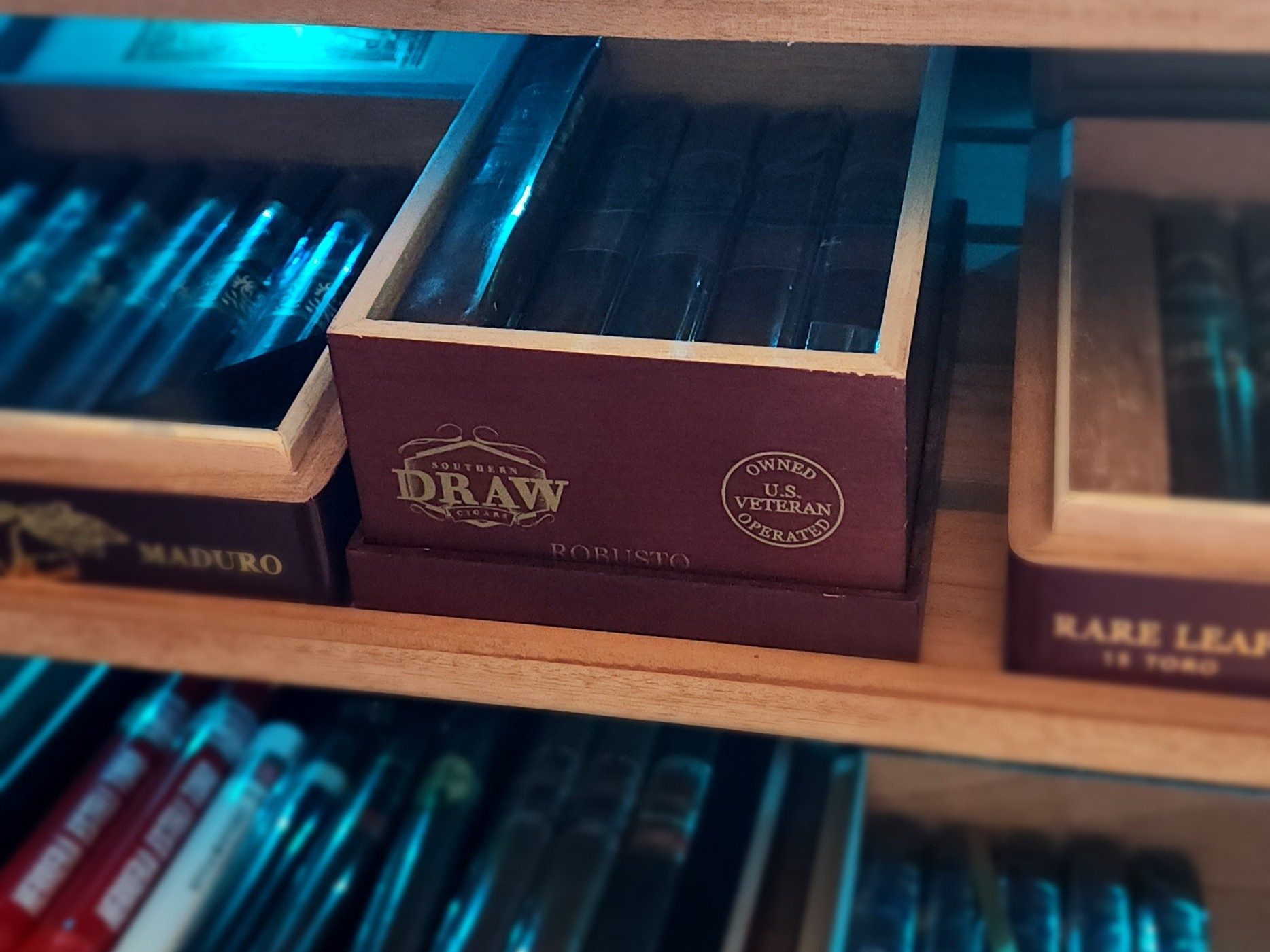 Close up of Southern Draw Kudzu box of cigars in humidor