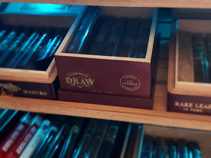 Close up of Southern Draw Kudzu box of cigars in humidor