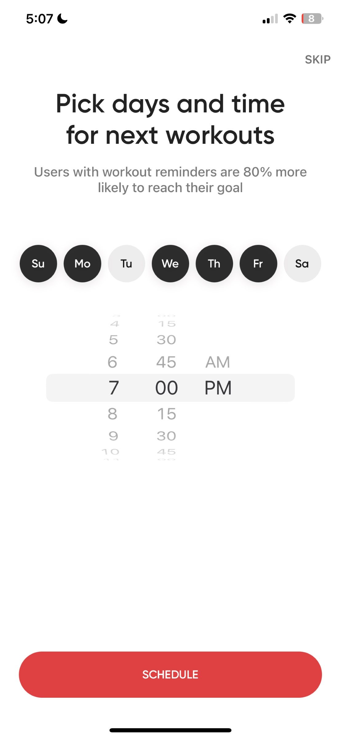 Days and time for next workout Better Me App screen of schedule workout