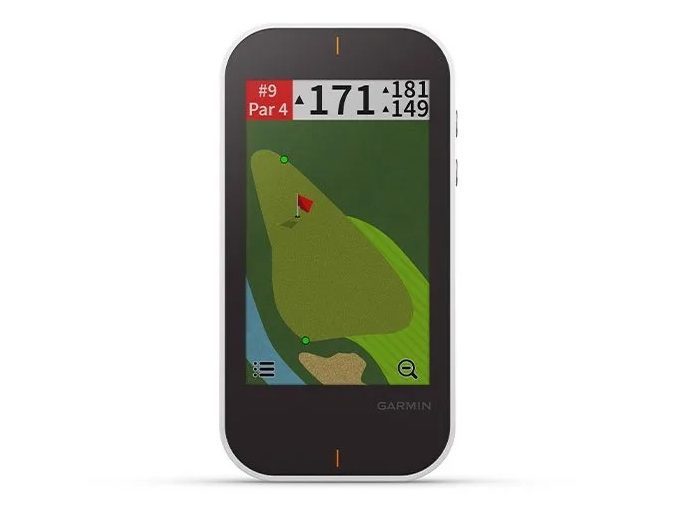 A golf hole being displayed on the Garmin Approach G80.