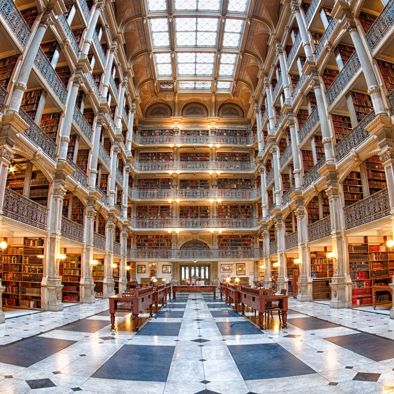BALTIMORE, USA - JUNE 23, 2016 Bookshelf inside Peabody Library a research library for John Hopkins University