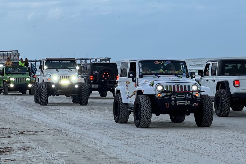 Jeeps on the beach during Jeep Beach Week 2023 at Daytona Beach, Florida.