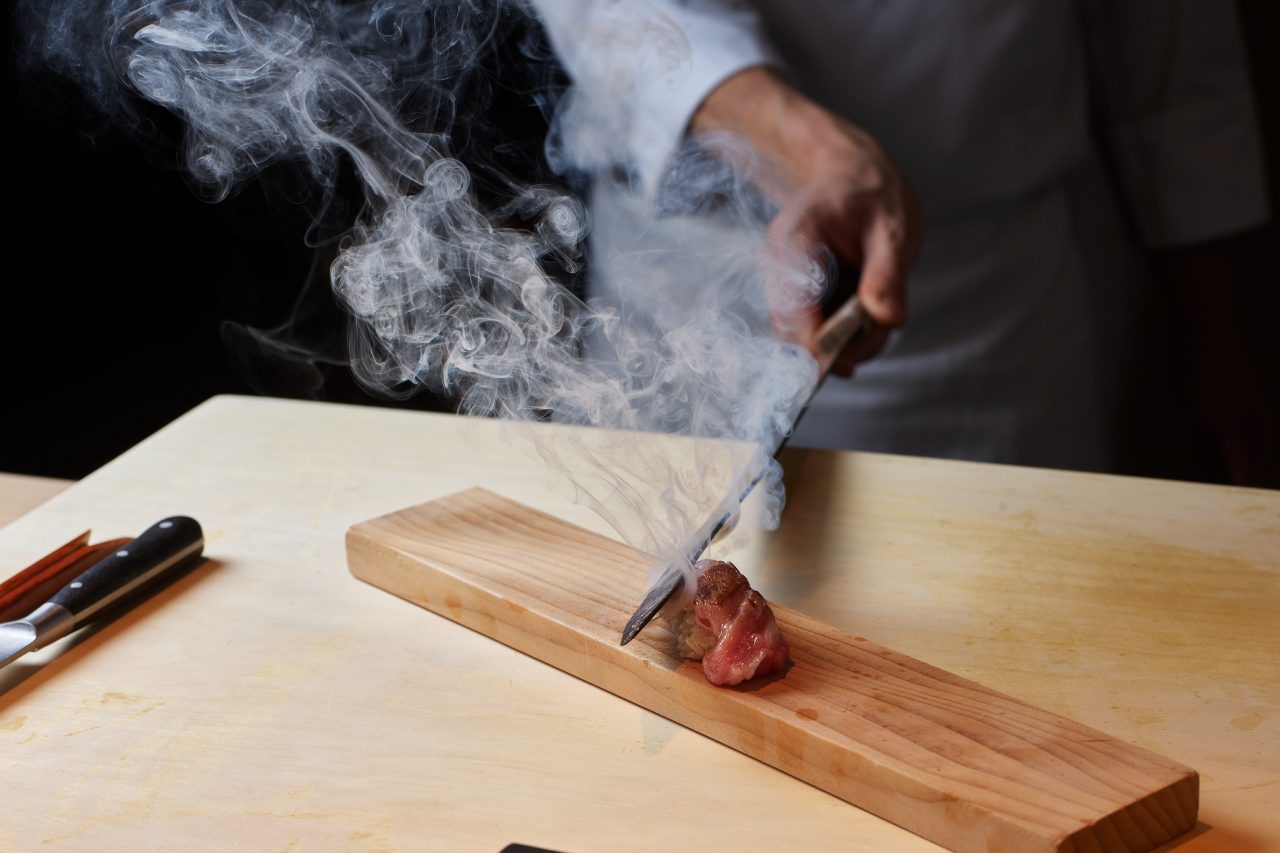 sushi pressed with hot knife.