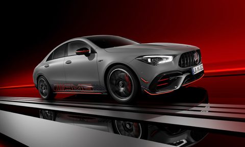 Mercedes-AMG CLA 45 S Edition 1 sedan parked on dark gray staging with a gradiant red background right front three quarter view