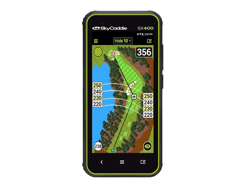 A hole being displayed on the SkyCaddie SX400 handheld golf GPS.