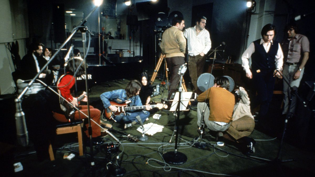 The Beatles in studio while shooting Let It Be.