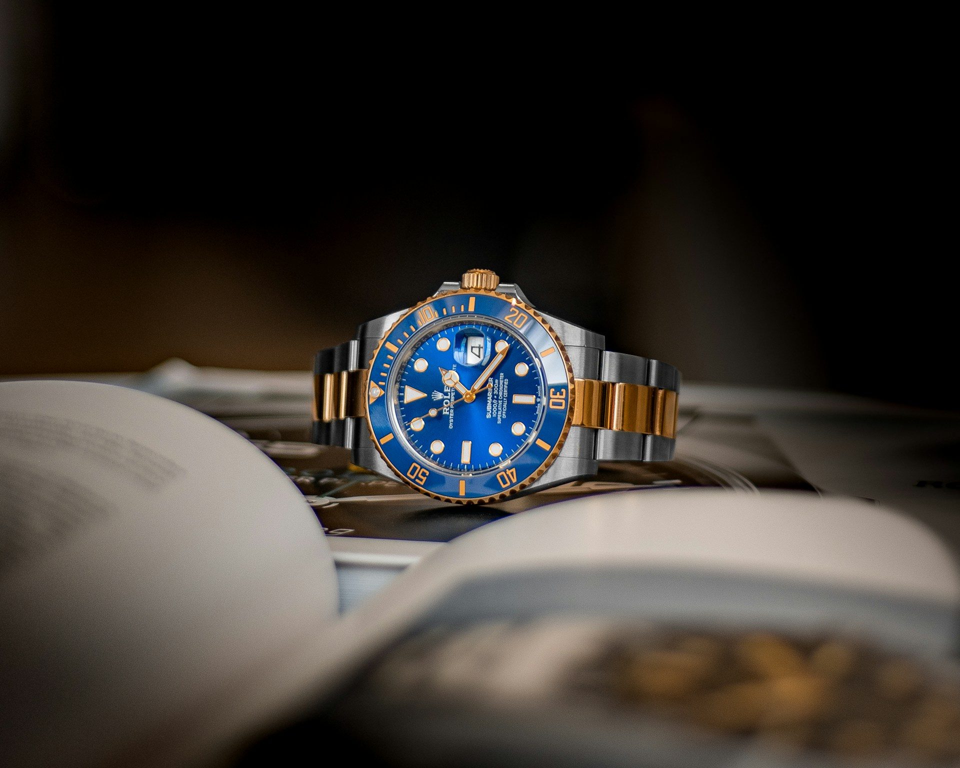 Rolex two-toned blue and silver watch.