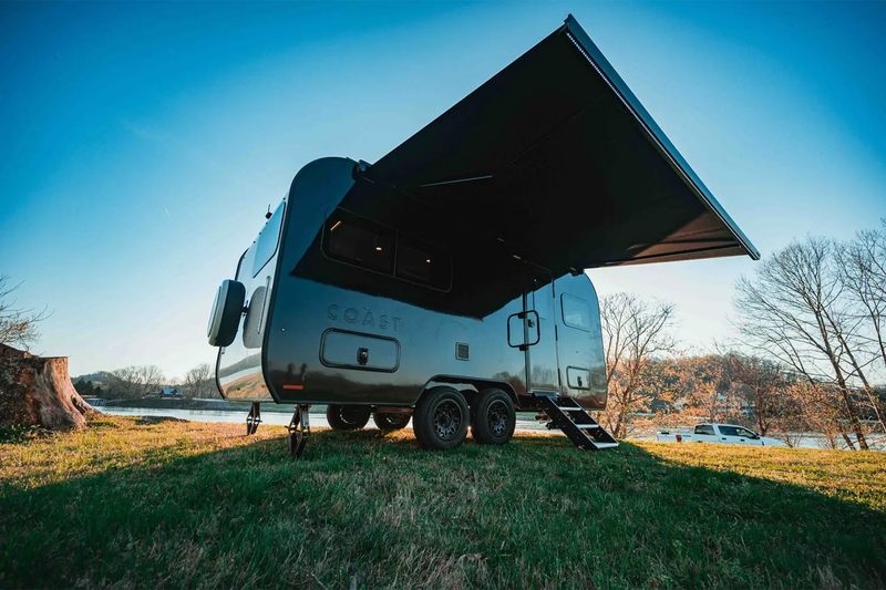 Closeup of the awning on Coast's Model 1 solar electric RV/travel trailer.