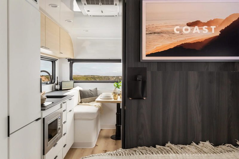 Luxurious interior of the Coast Model 1 solar electric trailer/RV.