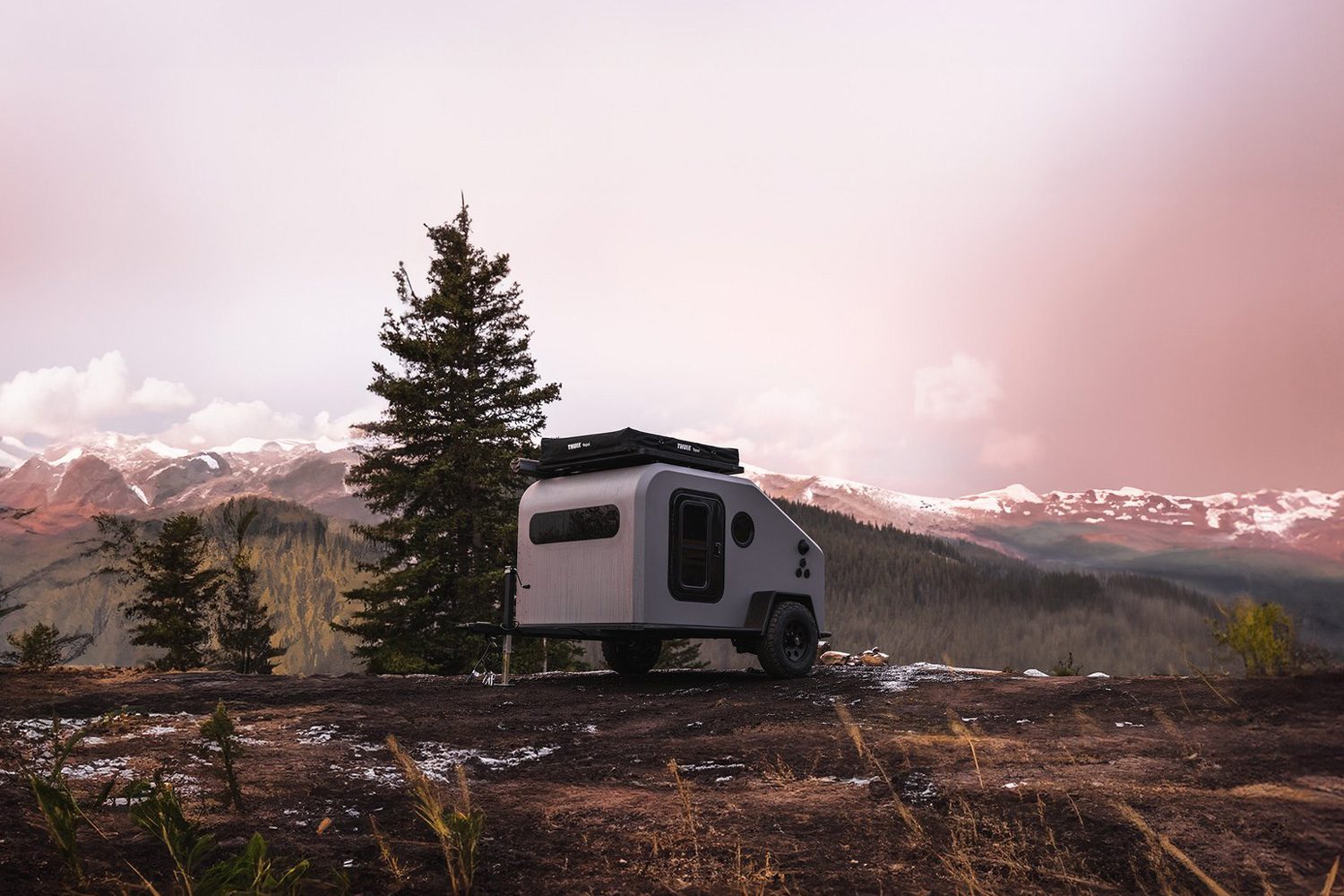 Colorado Campworks NS-1 solar-powered trailer parked on a ridge.